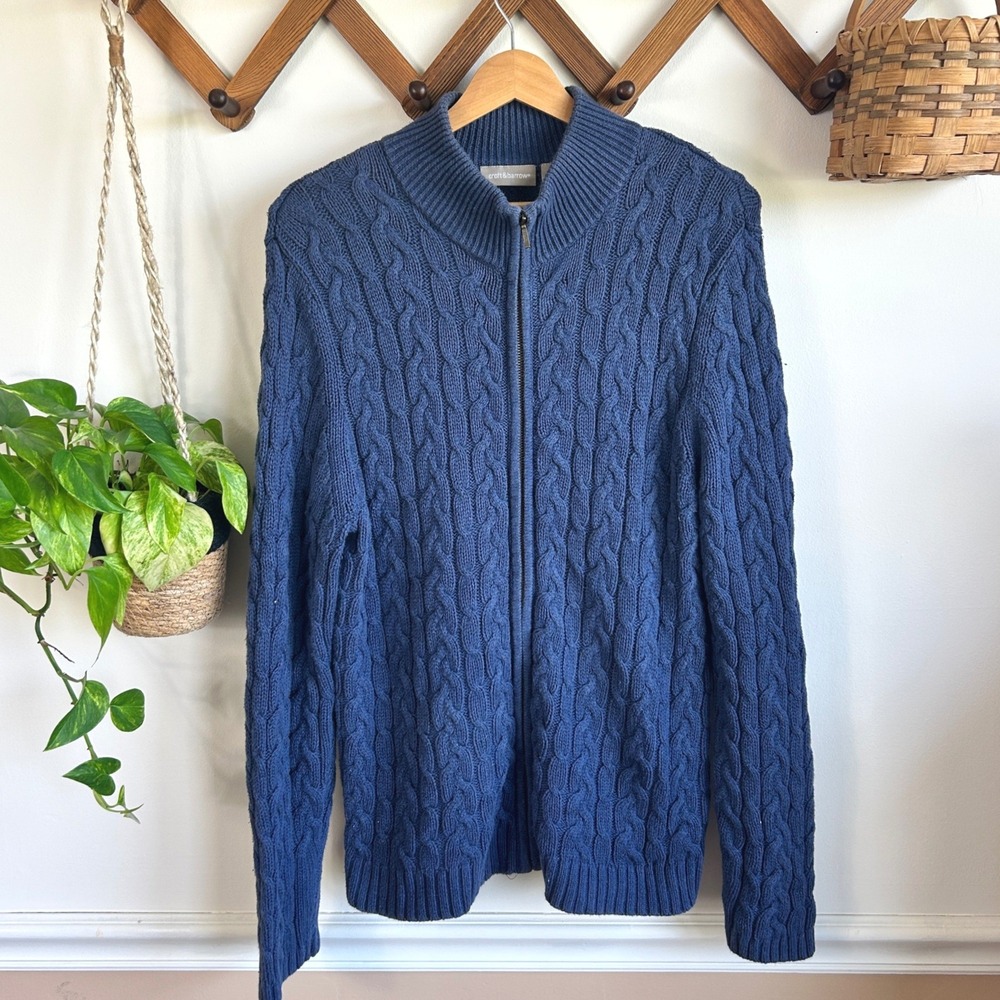 Croft & Barrow Mens XL Navy Blue Cable Knit Full Zip 100% Cotton Sweater